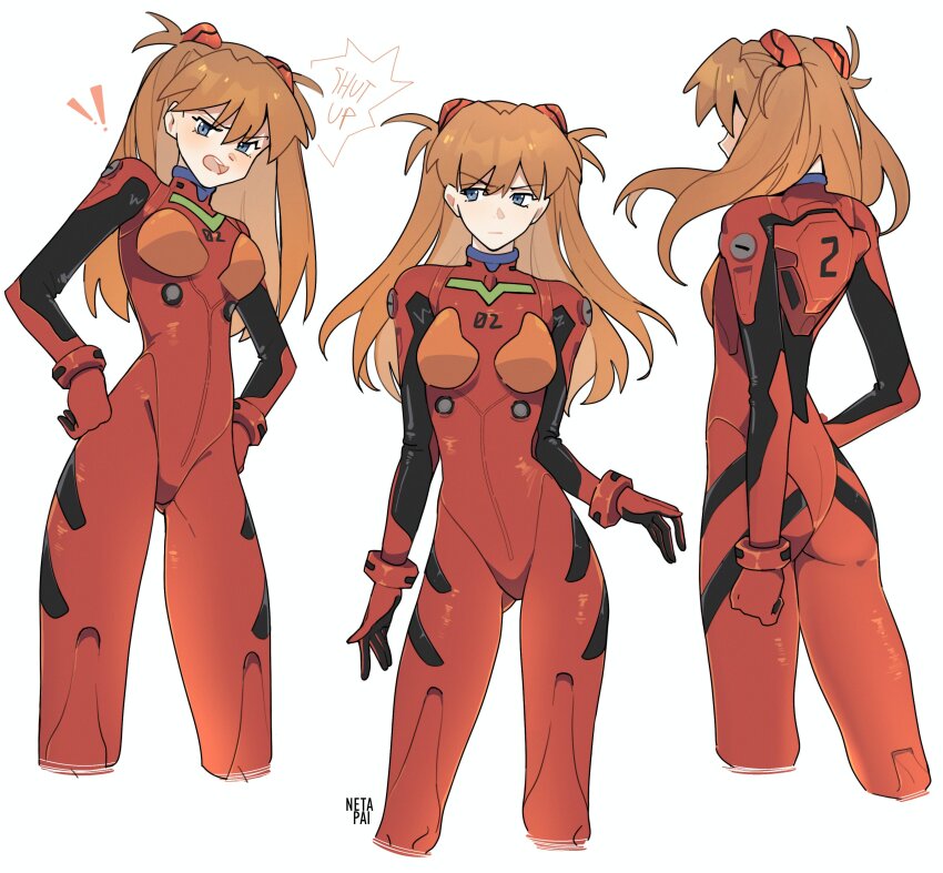 1girl absurdres ass blue_eyes blush bodysuit breasts brown_hair curvy english_text hands_on_own_hips highres interface_headset_(evangelion) lips long_hair mecha_pilot_suit medium_breasts multiple_views neon_genesis_evangelion netapai1 open_mouth plugsuit_(evangelion) red_bodysuit shiny_clothes simple_background souryuu_asuka_langley speech_bubble standing tsundere two_side_up white_background wide_hips