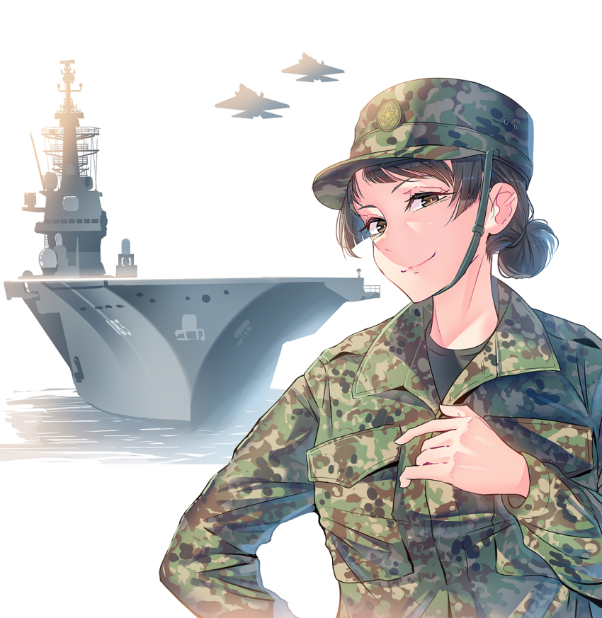 1girl aircraft black_hair breast_pocket brown_eyes cover daito f-15_eagle green_hat hair_bun hat highres japan_ground_self-defense_force japan_self-defense_force jieitai_ouen_club js_izumo_(ddh-183) long_sleeves magazine_cover military military_fatigues military_hat military_uniform official_art pocket shirt silhouette solo