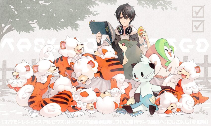 1boy absurdres black_hair book checkmark creatures_(company) dartrix dewott evolution_stone evolutionary_stone fence fire_stone game_freak gen_2_pokemon gen_5_pokemon gen_7_pokemon hair_between_eyes hands_up headphones headphones_around_neck highres hisuian_growlithe holding holding_book hood hood_down hoodie iv_4t jewelry nijisanji nintendo pokemon quilava red_eyes ring short_hair solo tree virtual_youtuber white_hoodie wristband yumeoi_kakeru