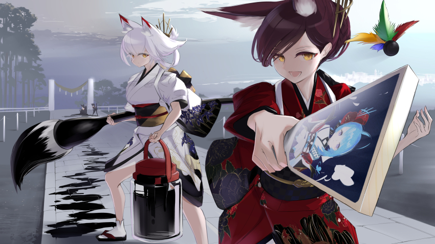 5girls animal_ears azur_lane black_sash brown_hair calligraphy_brush fusou_(azur_lane) giant_brush helena_(azur_lane) helena_(new_year&#039;s_bluebird)_(azur_lane) highres holding holding_paintbrush hyuuga_(azur_lane) ink ise_(azur_lane) japanese_clothes kimono multicolored_kimono multiple_girls official_alternate_costume outdoors paintbrush purple_eyes red_kimono ryosuke1225 sash short_hair short_kimono short_sleeves socks white_hair white_kimono white_socks yamashiro_(azur_lane)