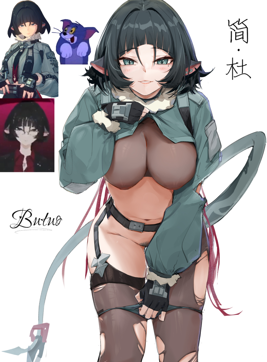 1girl absurdres animal_ears artist_name black_gloves breasts brown_thighhighs butuo_(butuo13) colored_pubic_hair commentary_request crop_top cropped_jacket female_pubic_hair fingerless_gloves gloves green_eyes green_hair green_pubic_hair high-waist_shorts highres jacket jane_doe_(zenless_zone_zero) large_breasts long_hair looking_at_viewer mouse_ears mouse_girl multicolored_hair navel photo_inset pubic_hair red_hair short_hair shorts simple_background smile solo standing thighhighs thighs tom_(tom_and_jerry) tom_and_jerry torn_clothes torn_thighhighs very_long_hair white_background zenless_zone_zero