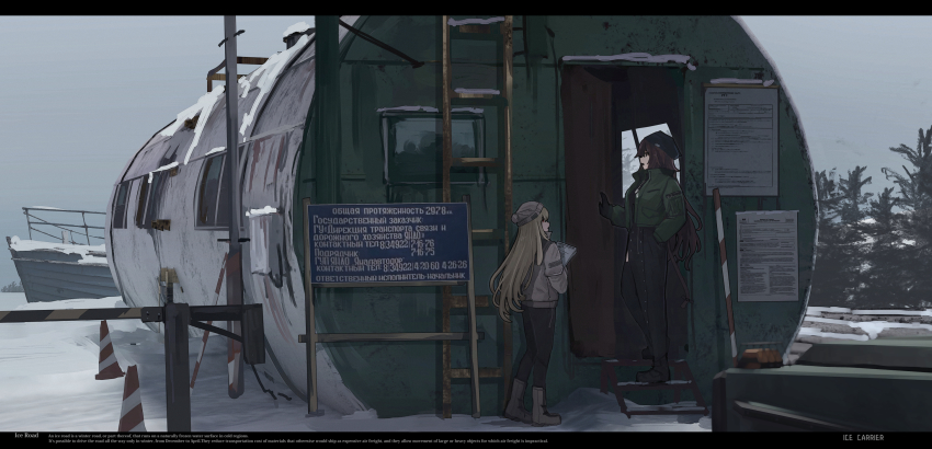 2girls animal_ears black_gloves black_jacket black_pants blonde_hair boots brown_eyes brown_hair cat_ears chinese_commentary clipboard commentary_request daria_(haguruma_c) english_text gloves grey_jacket grey_legwear grey_sky haguruma_c hands_in_pockets highres hut jacket knit_hat ladder letterboxed mercedes-benz military multiple_girls original pants russian_text sign sky snow traffic_cone translated tree viveka_(haguruma_c)
