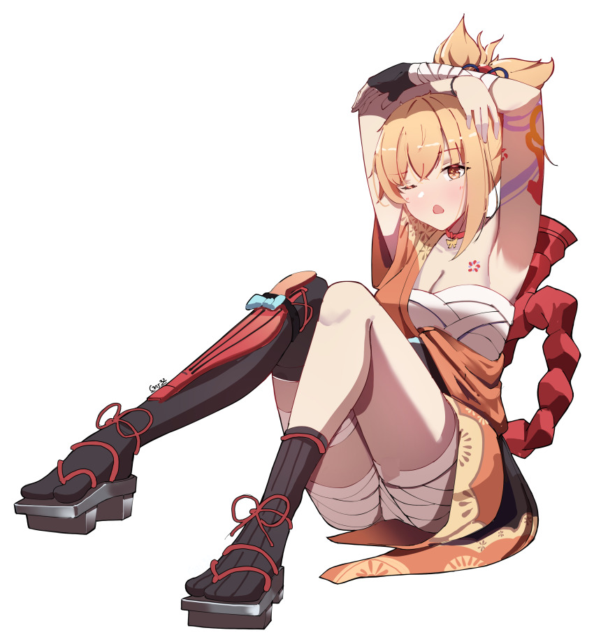 1girl absurdres arm_tattoo armpits arms_up asymmetrical_legwear bandaged_arm bandages black_gloves black_thighhighs blush breasts cleavage fingerless_gloves full_body gar32 genshin_impact geta gloves hadanugi_dousa hands_up highres japanese_clothes kimono looking_at_viewer medium_breasts one_eye_closed open_clothes open_kimono open_mouth rope sarashi shimenawa simple_background single_glove solo tabi tattoo thighhighs uneven_legwear white_background yoimiya_(genshin_impact)