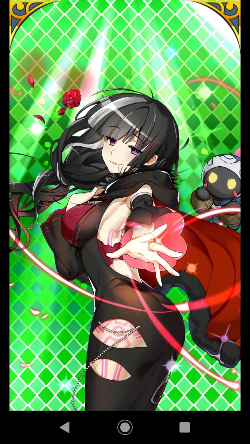 1girl backless_outfit black_dress black_gloves black_hair bra braid dress eryutono_(uchihime) from_side gloves grey_hair highres long_hair looking_at_viewer multicolored_hair pomme_(uchihime) purple_eyes red_bra single_braid spread_fingers uchi_no_hime-sama_ga_ichiban_kawaii underwear wide_sleeves