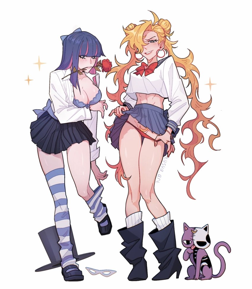 2girls abs bishoujo_senshi_sailor_moon black_shoes black_skirt blonde_hair blonde_pubic_hair blue_eyes blue_skirt bow bowtie bra bracelet breasts cat cleavage colored_inner_hair crescent_moon curly_hair double_bun earrings female_pubic_hair hair_bun hair_over_one_eye high_heels highres hoop_earrings jewelry juuban_middle_school_uniform large_breasts looking_at_viewer moon multicolored_hair multiple_girls open_clothes open_shirt panties panty_&amp;_stocking_with_garterbelt panty_(psg) panty_pull parted_lips pink_hair pleated_skirt pubic_hair purple_bra purple_hair purple_thighhighs red_bow red_bowtie red_nails red_panties ring school_uniform shirt shoes simple_background skirt smile socks sparkle stocking_(psg) striped_clothes striped_thighhighs thighhighs toned toned_female tusya_art twintails underwear white_background white_shirt white_socks