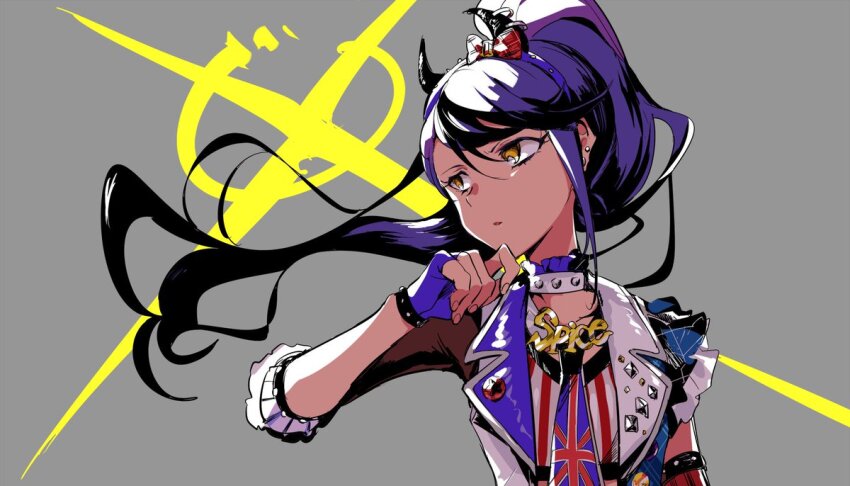 1girl aikatsu!_(series) aikatsu_stars! bad_id bad_twitter_id demon_horns fingerless_gloves gloves grey_background hand_on_own_chin hand_up horns image_sample jacket kisaragi_tsubasa long_hair looking_to_the_side ponytail purple_gloves purple_hair shiontaso solo sparkle twitter_sample upper_body wind yellow_eyes