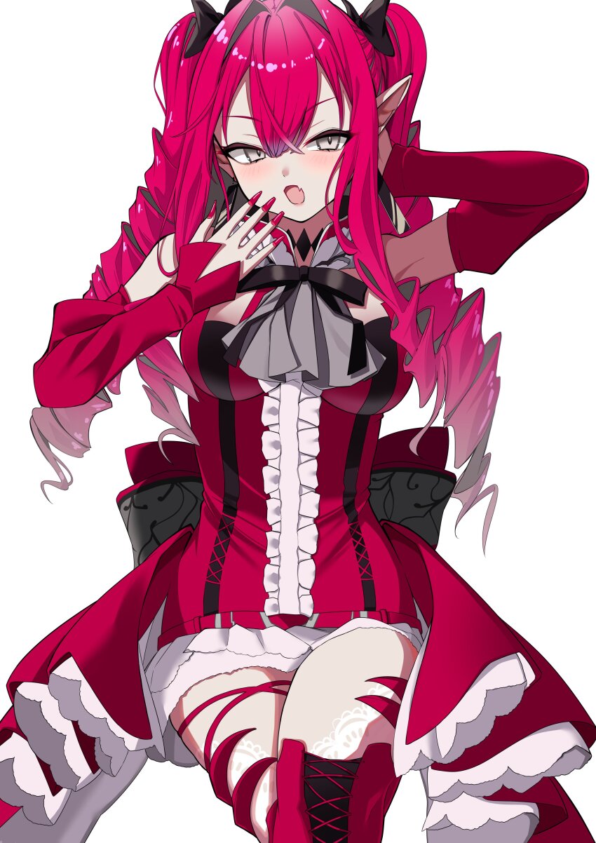1girl absurdres baobhan_sith_(fate) baobhan_sith_(first_ascension)_(fate) bare_shoulders blush boots breasts center_frills detached_collar detached_sleeves dress fate/grand_order fate_(series) frills grey_eyes highres large_breasts long_hair looking_at_viewer nigori_(keydoor) open_mouth pink_hair pointy_ears red_dress sidelocks solo thigh_boots thighs twintails