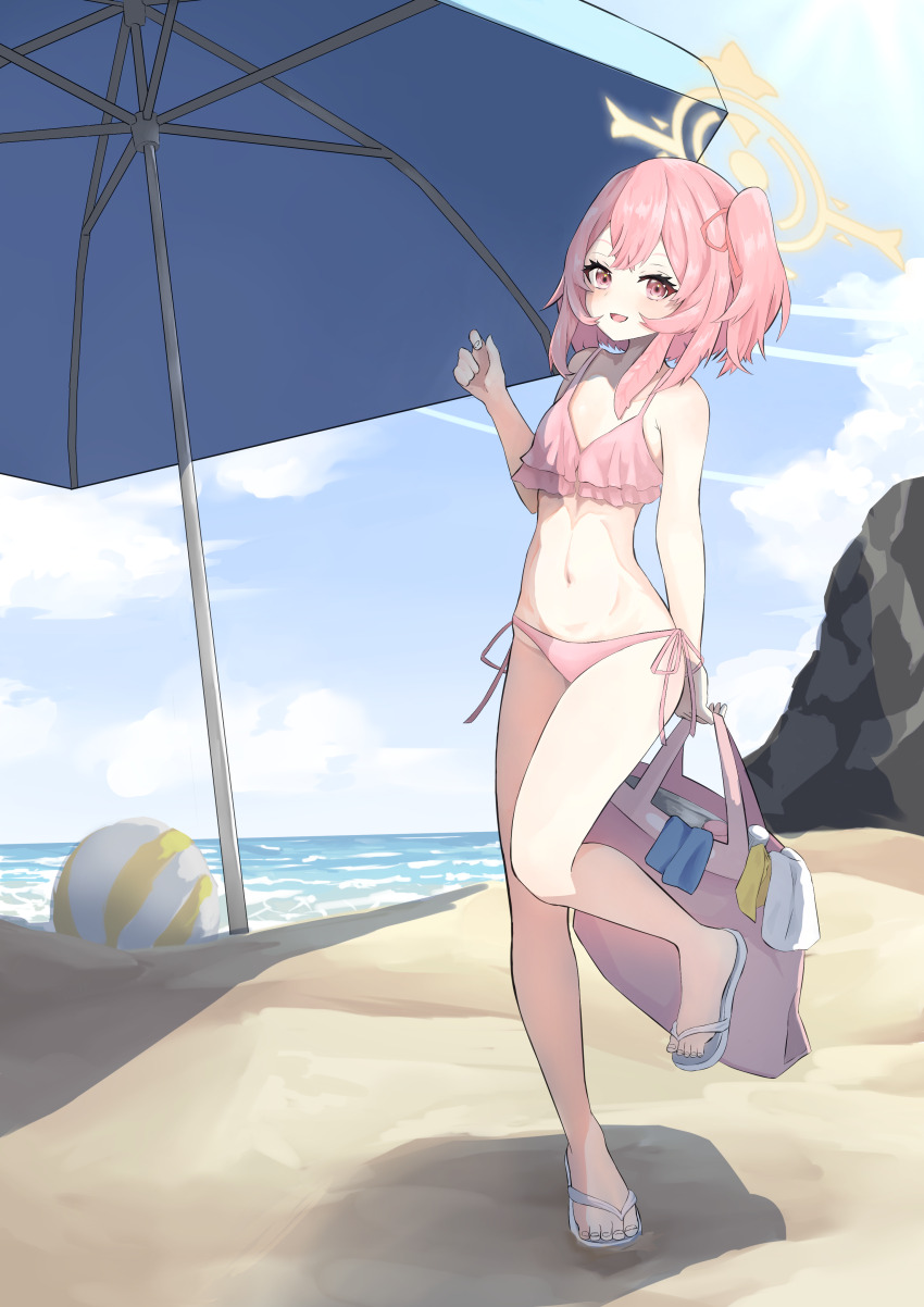 1girl :d absurdres alternate_costume bag ball bare_arms bare_legs bare_shoulders beach beach_umbrella beachball bikini blue_archive blue_sky blush breasts commentary day eyelashes feather_hair frilled_bikini frills full_body hair_ribbon halo hand_up happy highres holding holding_bag looking_at_viewer medium_hair navel no_headwear ocean one_side_up open_mouth outdoors pink_bikini pink_eyes pink_hair pink_ribbon ribbon sandals serina_(blue_archive) shadow shiu_kyu side-tie_bikini_bottom sidelighting sky small_breasts smile solo standing standing_on_one_leg stomach swimsuit thighs umbrella white_sandals yellow_halo