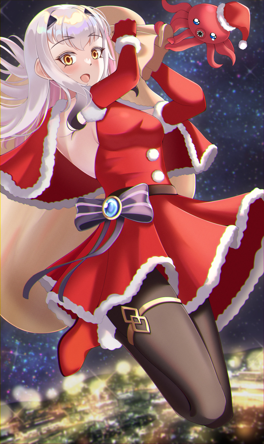 1girl absurdres blush boots breasts brown_pantyhose dress elbow_gloves fate/grand_order fate_(series) forked_eyebrows fur-trimmed_dress fur_trim gloves highres long_hair looking_at_viewer melusine_(fate) night night_sky octopus open_mouth pantyhose raji_(largesaint2210) red_dress red_gloves sack santa_costume santa_dress sidelocks sky small_breasts smile solo thighs white_hair yellow_eyes