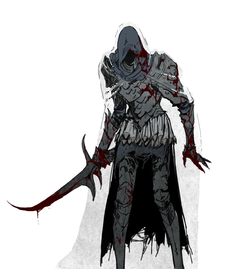 1boy alecto_black_knife_ringleader armor black_knife_(elden_ring) blood blood_on_hands bloody_weapon breastplate cape elden_ring eureka1812 facing_viewer feet_out_of_frame full_armor gauntlets highres holding holding_sword holding_weapon hood hood_up hooded_cape male_focus simple_background solo standing sword weapon white_background