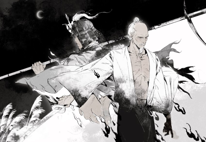 2boys armor ashina_isshin black_hair crescent_moon dual_persona facial_hair goatee helmet highres holding holding_sword holding_weapon japanese_armor japanese_clothes juumonji_yari kabuto_(helmet) katana kimono male_focus moon multiple_boys mustache old old_man open_clothes open_kimono ornate over_shoulder polearm qi_dongye_yu reeds sekiro:_shadows_die_twice spear sword sword_saint_isshin topknot weapon weapon_over_shoulder white_hair white_kimono wrinkled_skin yari