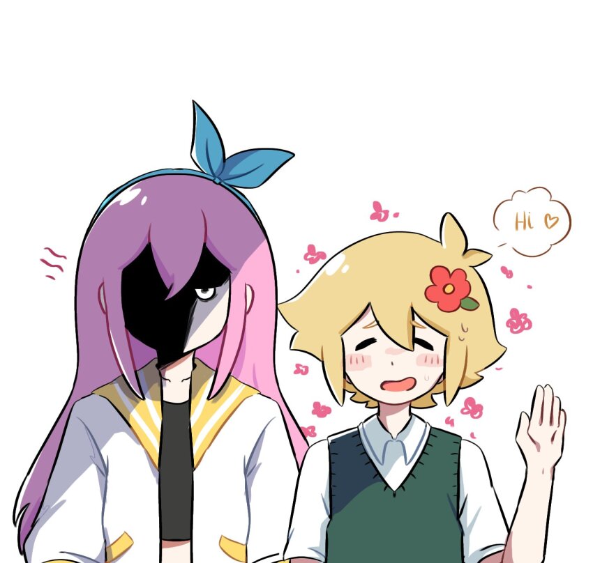 1boy 1girl aubrey_(faraway)_(omori) aubrey_(omori) basil_(faraway)_(omori) basil_(omori) blonde_hair blue_hairband commentary crop_top flower green_sweater_vest hair_flower hair_ornament hairband heart highres jacket ni12345670 omori partially_shaded_face pink_hair sweater_vest waving white_jacket