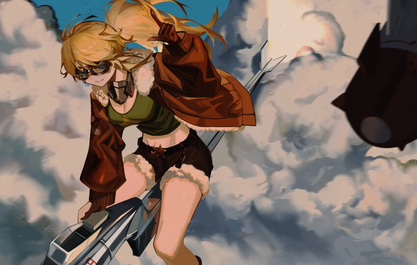 1girl above_clouds blonde_hair blue_eyes blue_sky breasts broom broom_riding brown_gloves brown_jacket brown_shorts cleavage cloud feet_out_of_frame gloves goggles green_shirt grin hand_up highres index_finger_raised jacket lilya_(reverse:1999) long_hair looking_at_viewer mask mask_around_neck mechanical_broom midriff oxygen_mask ponytail reverse:1999 shirt shorts sky smile solo weishanli4