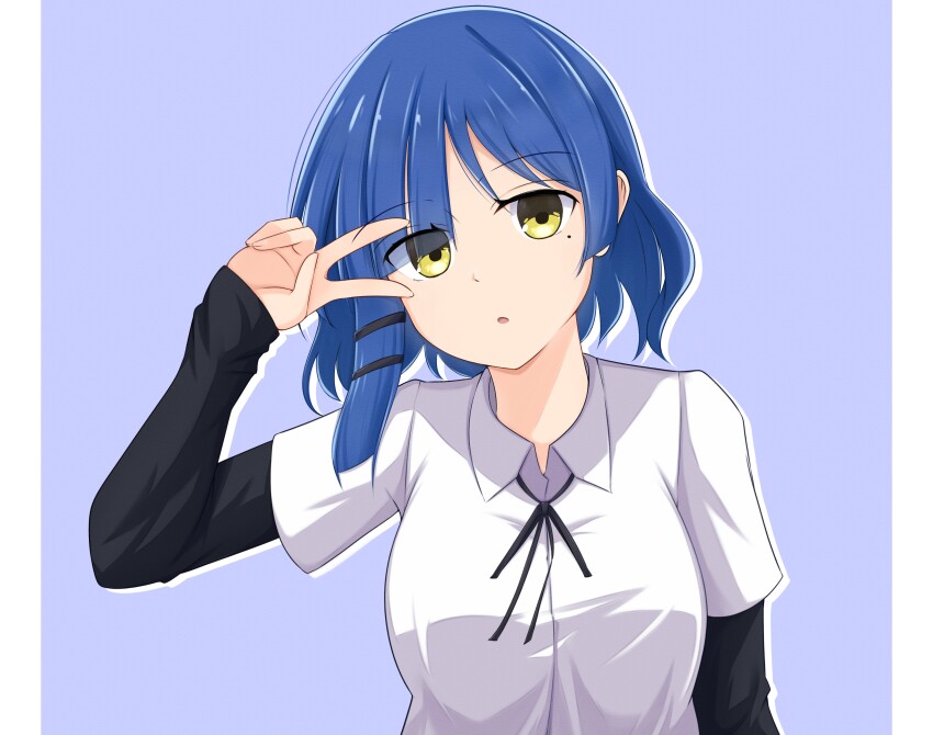 1girl absurdres black_shirt blue_hair bocchi_the_rock! collared_shirt hair_ornament highres layered_sleeves long_sleeves looking_at_viewer mole mole_under_eye parted_lips pillarboxed purple_background shirt shirt_under_shirt short_hair short_over_long_sleeves short_sleeves solo takumitu_711 upper_body v v_over_eye white_shirt yamada_ryo yellow_eyes
