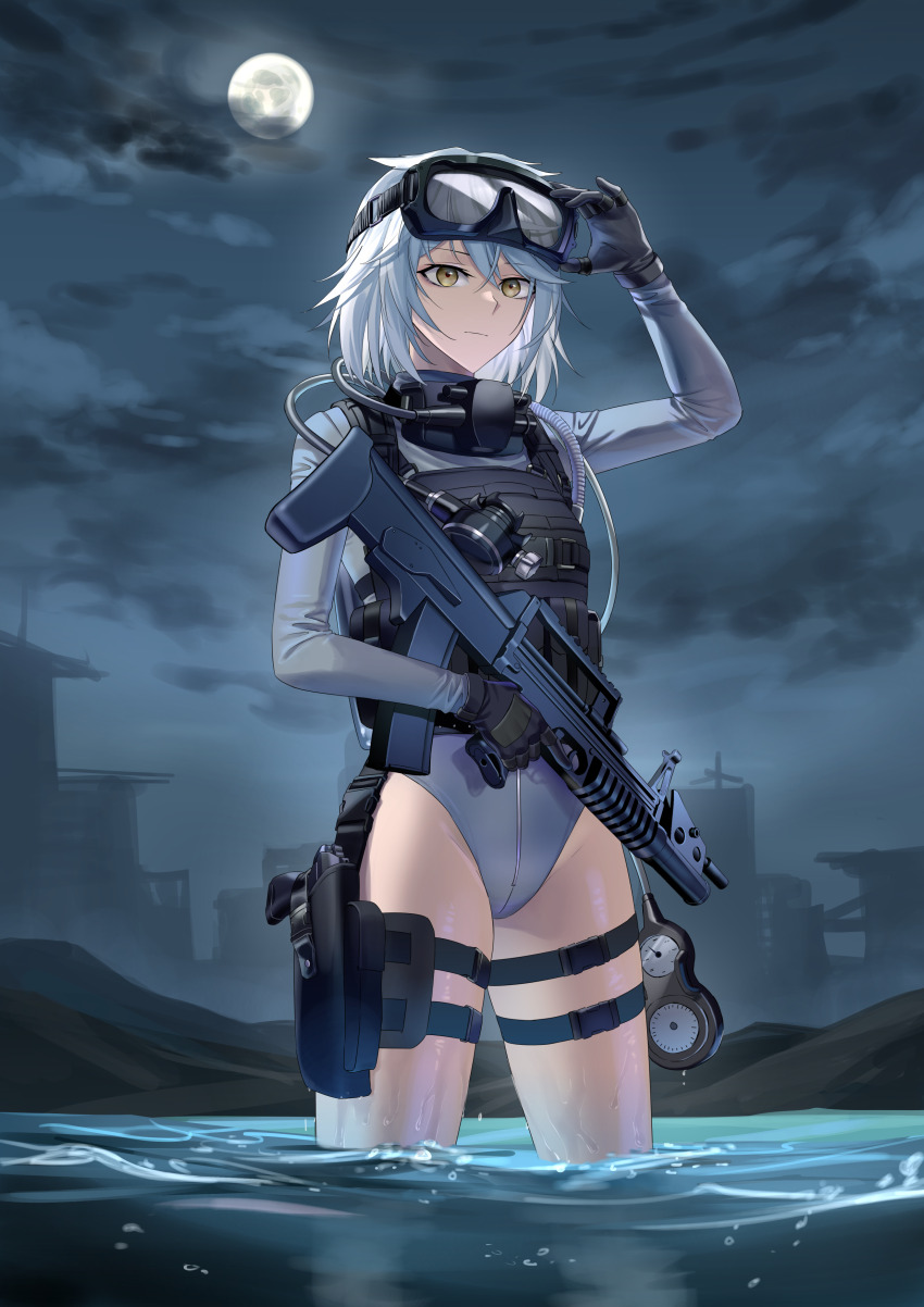 1girl absurdres ads_amphibious_rifle assault_rifle black_gloves bodysuit bullpup caseless_firearm commission diving_suit eyewear_on_head frogman girls&#039;_frontline girls&#039;_frontline_neural_cloud gloves goggles goggles_on_head grenade_launcher grey_hair gun handgun highres landscape long_hair looking_at_viewer moon night night_sky partially_submerged pixiv_commission rifle scuba_gear sky skyline solo suprii tasha thigh_strap underbarrel_grenade_launcher underwater_firearm water weapon wetsuit yellow_eyes