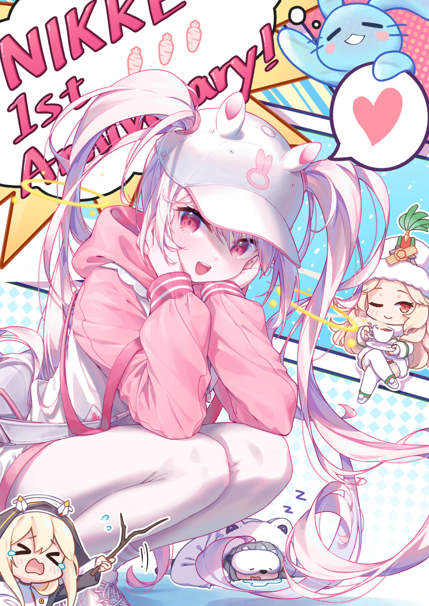 4girls absurdres aeon_ion alice_(nikke) alice_(sweet_home)_(nikke) animal_costume animal_ear_headwear animal_ears animal_hat animal_hood baseball_cap bear_costume bear_hood blonde_hair blush chibi clothes dress fake_animal_ears floating_headgear fur-trimmed_dress fur-trimmed_headwear fur_hat fur_trim gloves goddess_of_victory:_nikke grey_hair hair_through_headwear hands_on_own_chin hat headgear headphones highres hood hood_down hoodie long_hair long_sleeves looking_at_viewer ludmilla_(nikke) mask mask_on_head multiple_girls neve_(nikke) official_alternate_costume open_mouth pants pink_eyes pink_hoodie pink_sleeves rabbit_hat red_eyes sidelocks sleep_mask sleeping smile tove_(nikke) twintails two-tone_hoodie unlimited_(nikke) ushanka yoga_pants
