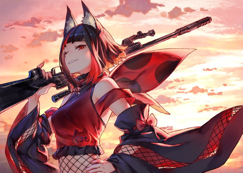 1girl animal_ear_fluff animal_ears animare bare_shoulders black_hair blunt_bangs breasts cloud cloudy_sky commentary_request detached_sleeves female_focus grin gun hand_on_own_hip holding holding_gun holding_weapon inari_kuromu izumi_sai long_sleeves looking_at_viewer medium_breasts nanashi_inc. orange_sky pinky_out red_eyes red_hair rifle sharp_teeth short_hair sky slit_pupils smile sniper_rifle solo teeth upper_body virtual_youtuber weapon