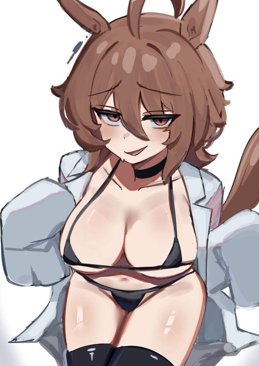 1girl absurdres agnes_tachyon_(umamusume) ahoge alternate_costume animal_ears bikini black_bikini black_choker black_thighhighs breasts brown_hair chemical_structure choker cleavage coat commentary commentary_request earrings english_commentary hair_between_eyes highres horse_ears horse_girl horse_tail iog626 jewelry lab_coat large_breasts looking_at_viewer messy_hair navel open_clothes open_coat open_mouth red_eyes short_hair simple_background single_earring sitting sleeves_past_fingers sleeves_past_wrists smile solo stomach swimsuit tail thighhighs umamusume white_background white_coat