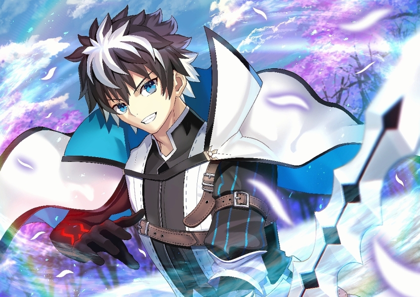 1boy belt belt_buckle black_gloves black_hair black_shirt blue_eyes blue_sky brown_belt buckle cape charlemagne_(fate) charlemagne_(first_ascension)_(fate) commentary_request day fate/extella fate/extra fate_(series) gloves holding holding_sword holding_weapon long_sleeves looking_at_viewer male_focus mishiro_(ixtlolton) multicolored_hair outdoors shirt short_hair sky smile solo sword teeth tree weapon white_cape white_hair