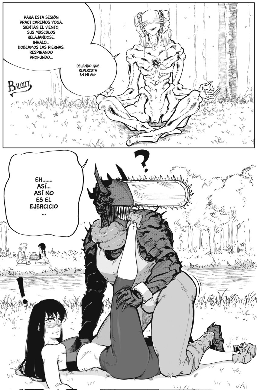 ! ? aging_devil_(chainsaw_man) artist_name ass bare_shoulders black_hair black_pants black_sports_bra blush breasts chainsaw chainsaw_devil chainsaw_man cleavage collarbone couple crop_top cross_scar denji_(chainsaw_man) exercising facing_to_the_side greyscale hair_between_eyes hetero high-waist_pants highres husband_and_wife intestine_clothing intestines large_breasts long_hair midriff mitaka_asa monochrome multiple_girls navel open_mouth organs pants ringed_eyes scar shirt short_hair signature simple_background spanish_text split_head sports_bra sportswear sweat teeth therapy tight_clothes tight_pants twitter_username victorbalgitt workout_clothes yoga yoga_pants yoru_(chainsaw_man)
