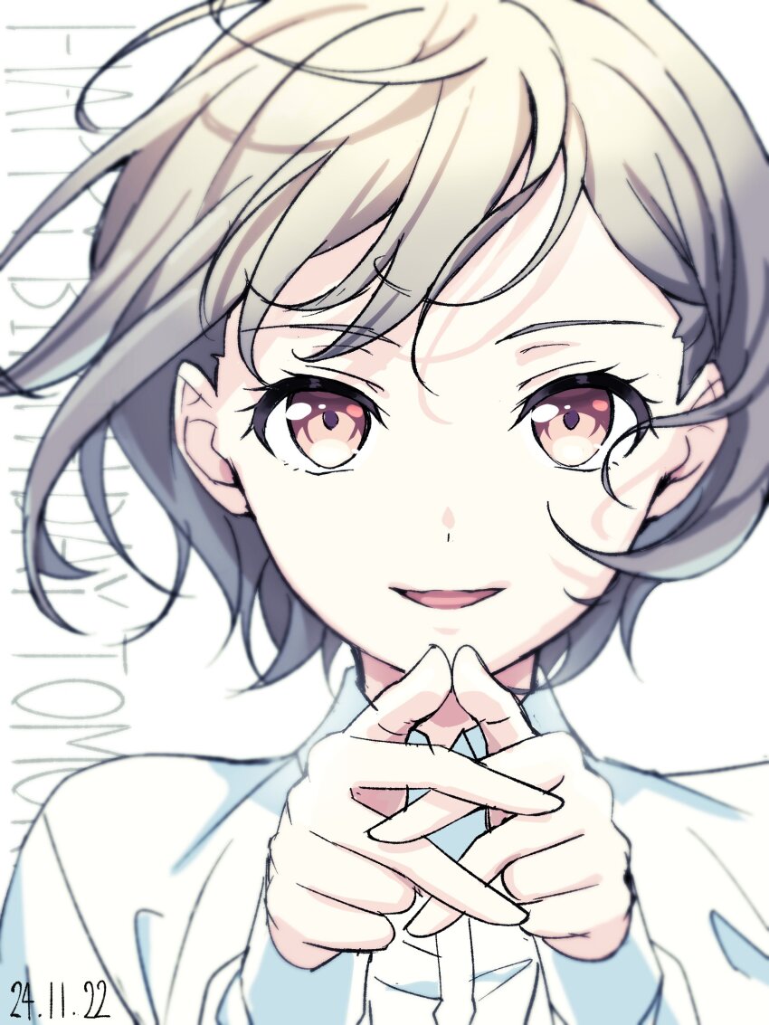 1girl absurdres bang_dream! bang_dream!_it&#039;s_mygo!!!!! brown_eyes collared_shirt commentary grey_hair happy_birthday highres long_sleeves looking_at_viewer nobusawa_osamu open_mouth shirt short_hair simple_background smile solo takamatsu_tomori upper_body white_background white_shirt