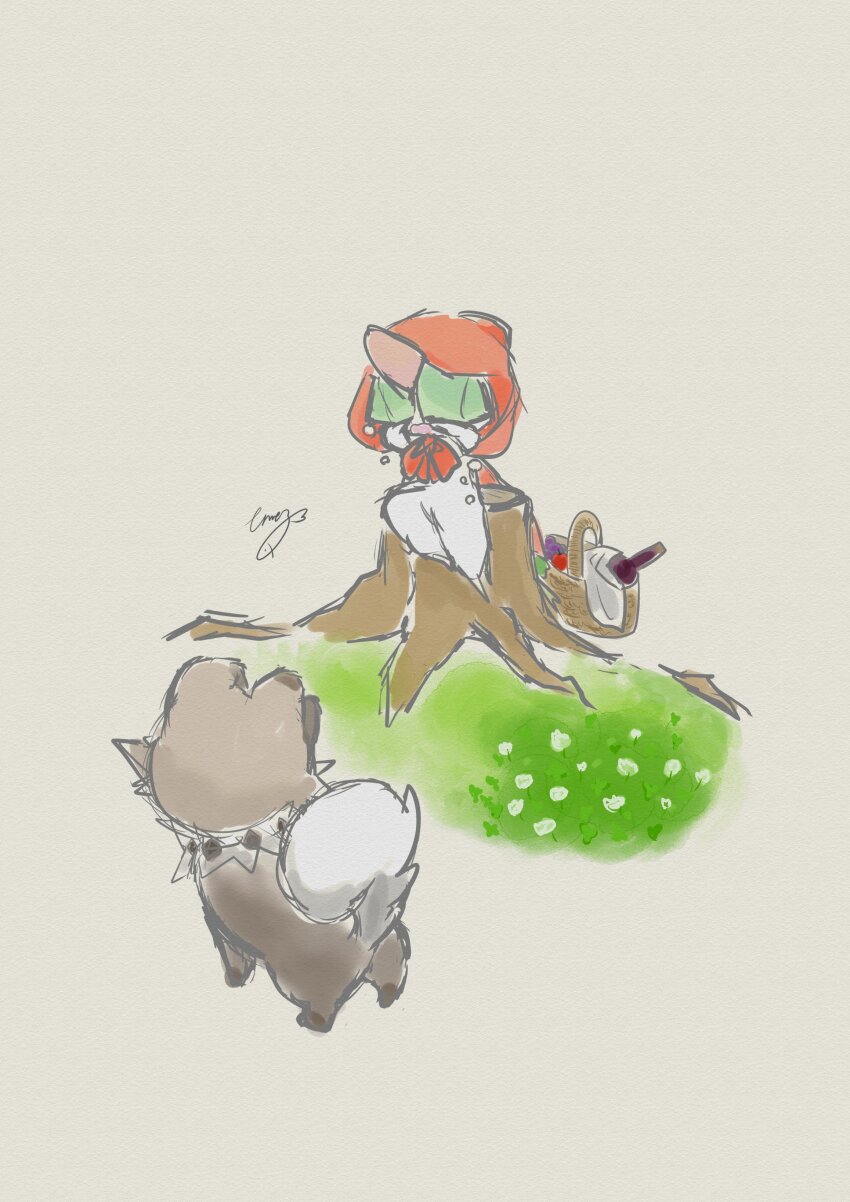absurdres brown_background brown_fur colored_skin crying eme_ko gen_3_pokemon gen_7_pokemon grass highres nintendo pokemon pokemon_(creature) ralts red_hood rockruff signature simple_background sitting on_tree_stump tears tree_stump white_skin