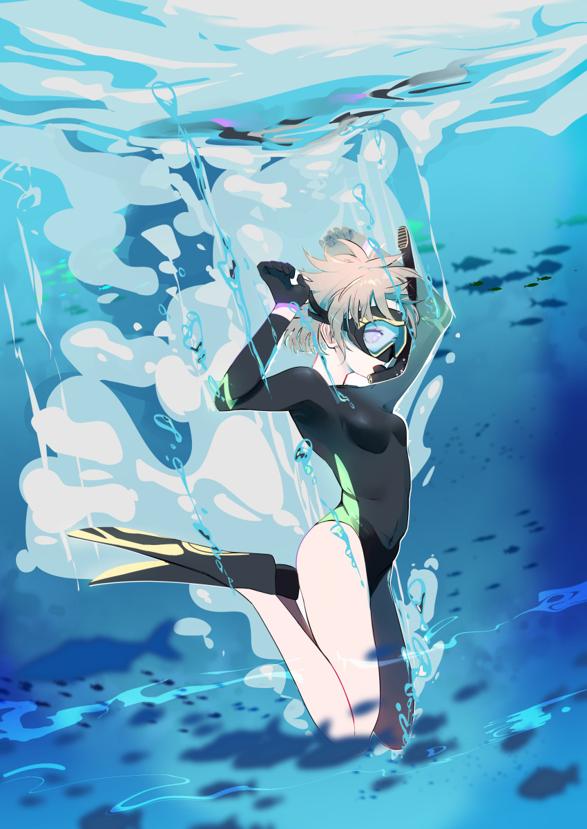 1girl absurdres air_bubble bad_id bad_pixiv_id bodysuit breasts bubble diving diving_mask diving_suit flippers gloves goggles highres leotard original satanaka_kuroha skin_tight small_breasts snorkel snorkel_in_mouth snorkel_mask swimsuit underwater wetsuit