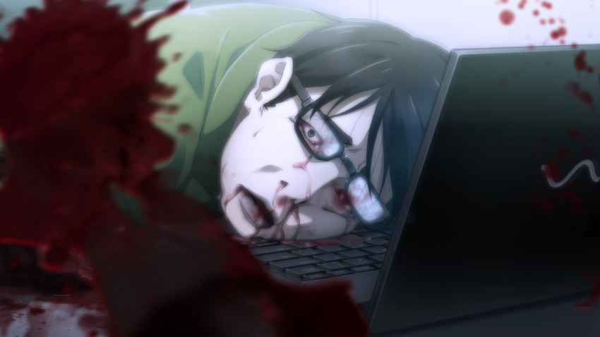 black_hair bleeding blood blood_censor blood_from_mouth blood_in_mouth blood_on_face blood_on_keyboard blood_on_laptop blood_splatter blood_stain bloodshot_eyes bloody_tears chaos;child colored_skin computer corpse crying crying_with_eyes_open death desk exposed_bone flesh game_cg glasses green_jacket grey_eyes head_on_table highres injury jacket laptop non-web_source nosebleed official_art ootani_yuuma open_mouth pale_skin pool_of_blood saliva sasaki_mutsumi severed_hand short_hair snot_trail tears track_jacket white_skin