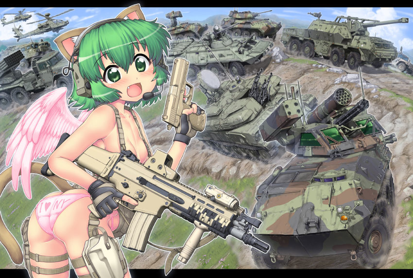 152mm_spgh_dana 1girl 2a7_autocannon ah-64_apache aircraft amphibious_vehicle angel_wings animal_ears anti-aircraft anti-aircraft_gun armored_fighting_vehicle armored_personnel_carrier armored_reconnaissance armored_vehicle artillery ass assault_rifle attack_helicopter autocannon blush breasts cannon cat_ears cat_tail caterpillar_tracks chain_gun collarbone ear_protection eotech fang female_focus fingerless_gloves fn_scar gatling_gun gau-12_equalizer gloves green_eyes green_hair gun gunship h&amp;k_usp handgun hase_yu headset heckler_&amp;_koch helicopter helicopter_gunship highres holster howitzer humvee lav-25 lav-ad lav-at m242_bushmaster machine_gun man-portable_air-defense_system matching_hair/eyes military military_vehicle missile_launcher missile_pod missile_vehicle motor_vehicle multiple-barrel_gun multiple_rocket_launcher nyano open_mouth original panties pink_panties pistol radar_dish reconnaissance_vehicle remote_controlled_weapon_station rifle rocket_artillery rotary_cannon scout_car self-propelled_anti-aircraft-gun self-propelled_anti-aircraft_weapon self-propelled_artillery self-propelled_gun self-propelled_howitzer self-propelled_rocket_launcher side-tie_panties small_breasts solo tail tank tank_destroyer thigh_holster topless_female transporter_erector_launcher trigger_discipline turret underwear vehicle vertical_forward_grip weapon wings zsu-23-4