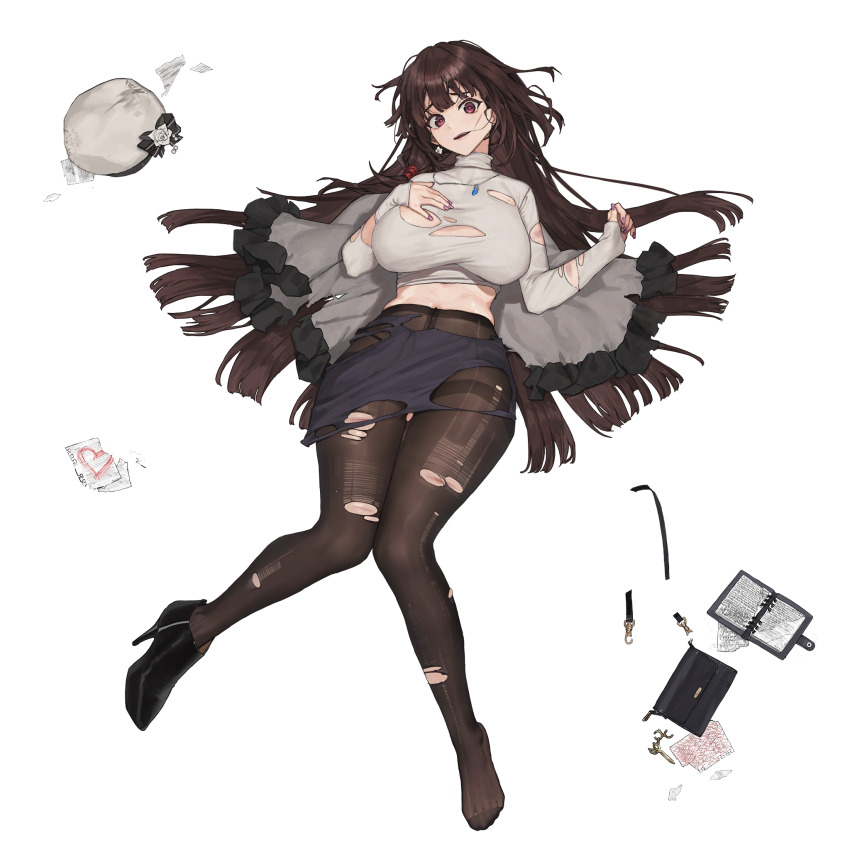 1girl bag belt beret black_bag black_pantyhose black_ribbon black_shoes black_skirt blue_gemstone breasts brown_hair capelet capelet_removed chain crazy_eyes defeat dirty dirty_clothes drawing earrings flower flower_earrings frilled_capelet frills front-seamed_legwear gem gold_chain grey_capelet grey_sweater hair_in_own_mouth hair_spread_out hand_on_own_chest hat heart high_heels highres huge_breasts impossible_clothes impossible_sweater injury jewelry knees_together_feet_apart last_origin long_hair looking_at_viewer lying messy_hair nail_polish necklace notebook official_alternate_costume official_art on_back pantyhose purple_eyes purple_nails ribbed_sweater ribbon rose scissors scissors_lise scribble seamed_legwear see-through_clothes see-through_legwear shoes shoulder_bag simple_background single_earring single_shoe skindentation skirt solo sweater tachi-e torn_bag torn_capelet torn_clothes torn_pantyhose torn_paper torn_skirt torn_sweater transparent_background tunamayo_(dsasd751) turtleneck turtleneck_sweater unworn_bag unworn_headwear white_flower white_hat white_rose