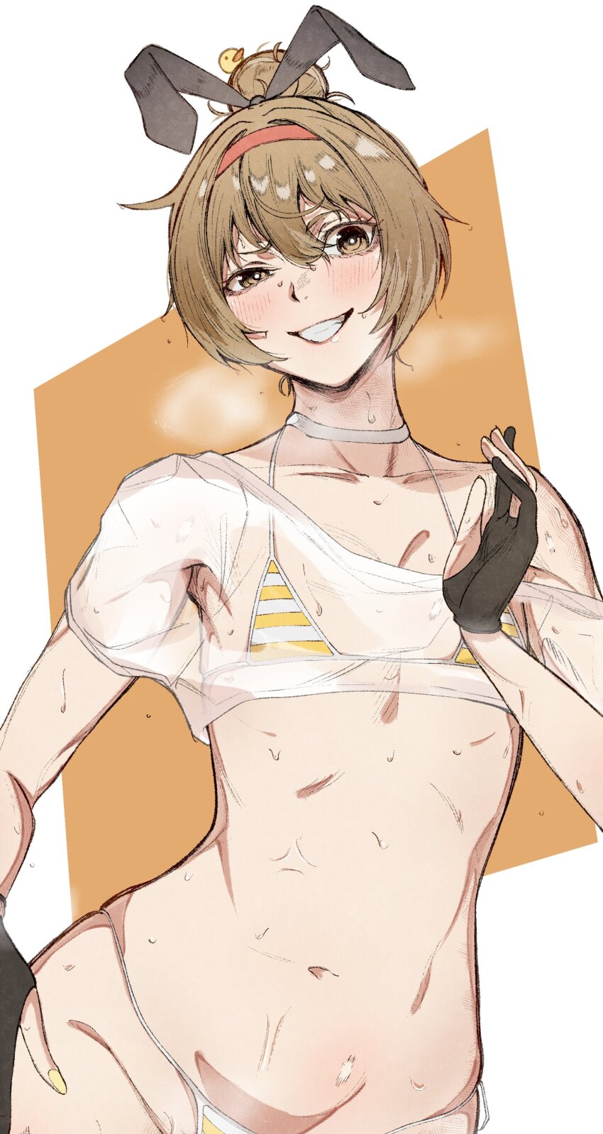 1girl absurdres animal_ears bikini blush brown_eyes brown_hair choker flat_chest gloves hair_bun highres lobotomy_corporation malkuth_(project_moon) micro_bikini nb8c partially_fingerless_gloves project_moon rabbit_ears see-through_clothes short_hair smile sweat swimsuit