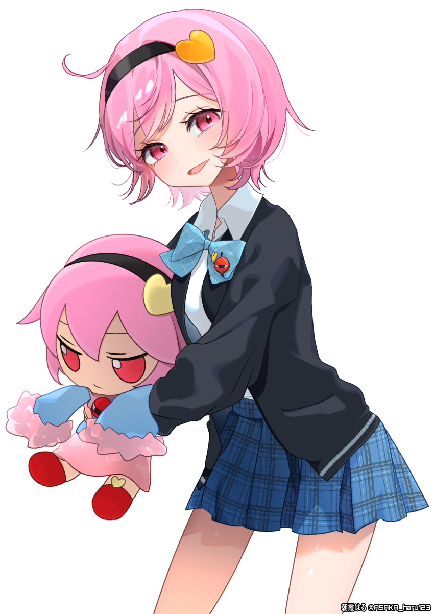 absurdres ahoge asaka_haru123 black_hairband blazer blue_bow blue_bowtie blue_skirt bow bowtie commentary doll fumo_(doll) hairband heart highres holding holding_doll jacket komeiji_satori long_sleeves open_mouth pink_eyes pink_hair pink_skirt plaid_clothes plaid_skirt red_shoes school_uniform shoes short_hair simple_background skirt smile touhou twitter_username white_background