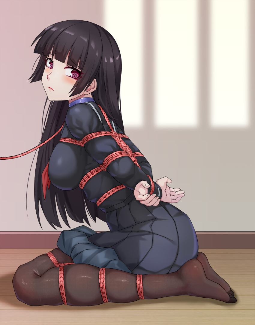 1girl absurdres arms_behind_back bdsm black_hair black_serafuku black_shirt black_skirt blush bound bound_arms bound_legs breasts collar commentary_request fine_fabric_emphasis from_side frown full_body haimei1980 highres indoors kanoe_yuuko kneeling leash long_hair looking_at_viewer looking_back medium_breasts medium_skirt neckerchief pantyhose pleated_skirt purple_eyes red_neckerchief school_uniform serafuku shibari shirt skindentation skirt solo tasogare_otome_x_amnesia unhappy very_long_hair