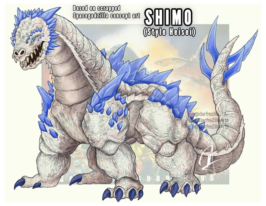 blue_eyes blue_spine claws crossover darfrezillaarts giant giant_monster godzilla_(series) godzilla_x_kong:_the_new_empire heisei highres horns kaiju king_kong_(series) legendary_pictures long_tail monsterverse scales sharp_teeth shimo_(monsterverse) spiked_tail spikes spines tail teeth