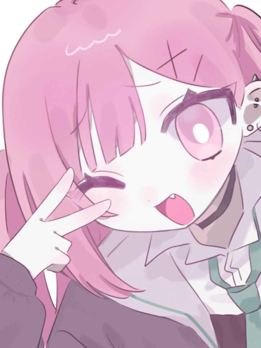 1girl black_choker cardigan choker collared_shirt commentary dress_shirt fang green_necktie hakuchuumu_(t_t_4949) hand_up hashtag-only_commentary highres kitanai_kimi_ga_ichiban_kawaii long_sleeves miyazono_ichika necktie one_eye_closed open_mouth pink_eyes pink_hair pink_theme purple_cardigan school_uniform serafuku shirt simple_background two_side_up upper_body v white_background white_shirt