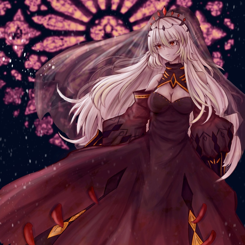 1girl absurdres aeliscar black_dress blazing_cartesia_the_virtuous breasts cleavage closed_mouth dress duel_monster ecclesia_(yu-gi-oh!) hair_between_eyes highres large_breasts long_hair long_sleeves pointy_ears red_eyes solo veil white_hair yu-gi-oh!