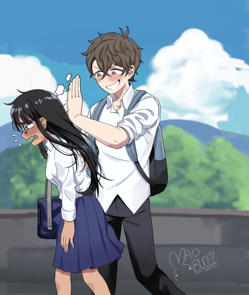1boy 1girl absurdres alternate_universe backpack bag black_hair blue_skirt blue_sky brown_eyes brown_hair cloud commentary_request fang glasses grin hachiouji_naoto highres holding holding_bag ijiranaide_nagatoro-san mao_bunny medium_skirt mountainous_horizon nagatoro_hayase open_mouth pleated_skirt role_reversal school_bag school_uniform shirt shirt_tucked_in signature skin_fang skirt sky slapping smile spanish_commentary tree untucked_shirt
