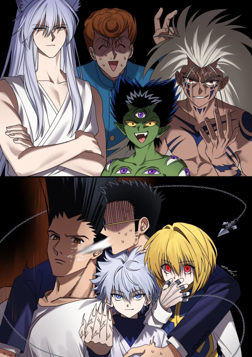 6+boys aged_up alternate_form animal_ears black_background black_hair blonde_hair blue_eyes blue_gakuran body_markings brown_eyes brown_hair chain colored_skin crossed_arms crossover empty_eyes enoki_3106 evil_grin evil_smile fingernails fox_boy fox_ears gakuran gon_freecss green_skin grin hiei_(yu_yu_hakusho) highres hunter_x_hunter killua_zoldyck kurama_(yu_yu_hakusho) kurapika kuwabara_kazuma leorio_paladiknight long_hair male_focus multiple_boys pompadour purple_eyes red_eyes sarayashiki_junior_high_school_uniform scared school_uniform shade shaded_face sharp_fingernails short_hair sleeveless smile sunglasses surprised third_eye topless_male urameshi_yusuke v white_hair yellow_eyes yuu_yuu_hakusho