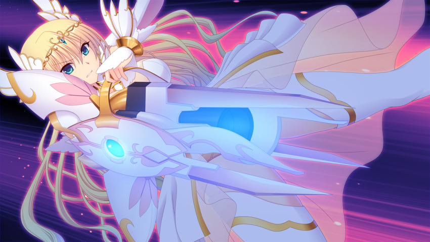 1girl aiming aiming_at_viewer armor blonde_hair blue_eyes breasts bridal_gauntlets clenched_teeth dress dutch_angle en_ciel_rena en_ciel_rena_(laelith) energy_cannon floating_hair game_cg gun holding holding_cannon holding_weapon jewelry kourin_tenshi_en_ciel_rena large_breasts large_variant_set long_hair looking_at_viewer magical_girl non-web_source official_art saitou_natsuki shield solo suhamaya teeth thighhighs tiara tomoe_rena variant_set very_long_hair weapon white_thighhighs