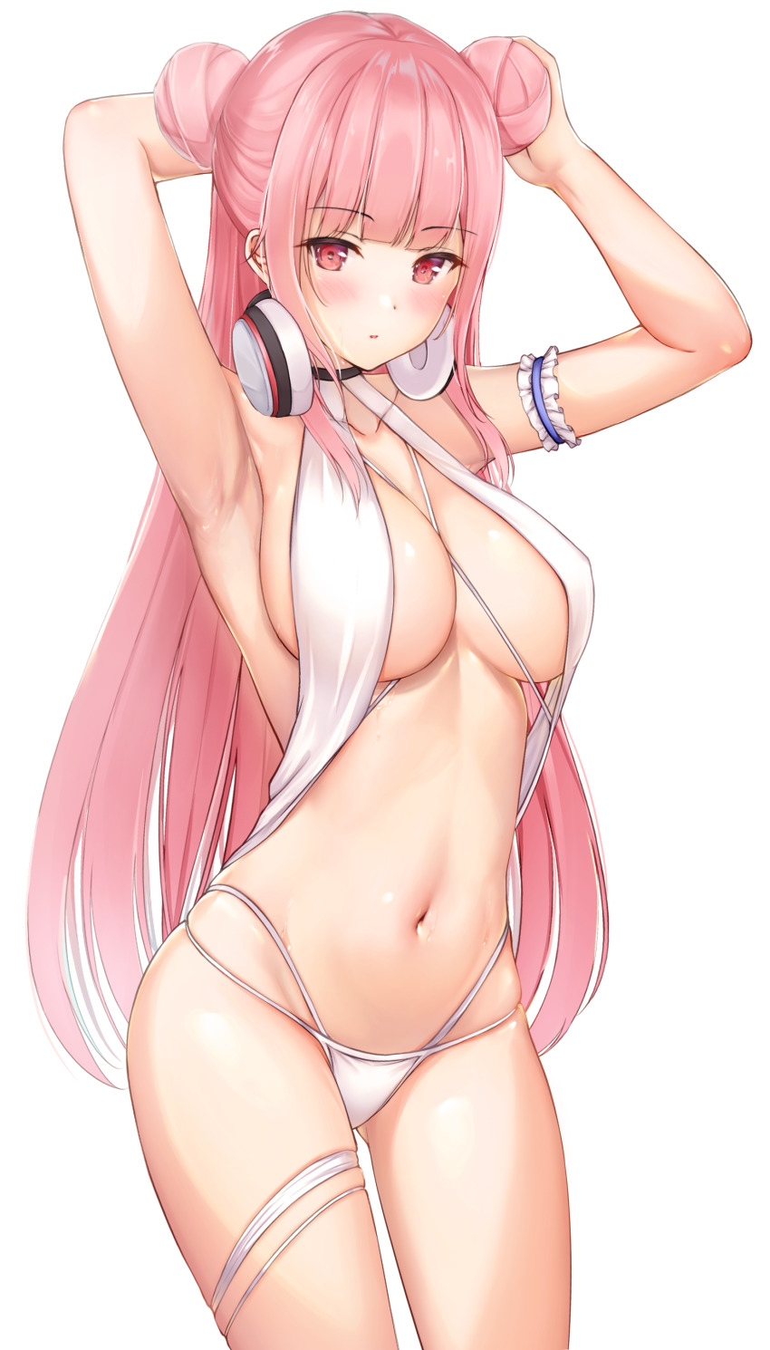 1girl absurdres alternate_hairstyle arm_garter armpits arms_up azur_lane bare_arms bare_shoulders benedia bikini breasts cleavage collarbone cosplay cowboy_shot double_bun gluteal_fold halterneck headphones headphones_around_neck highres large_breasts le_malin_(azur_lane) le_malin_(azur_lane)_(cosplay) le_malin_(mercredi_at_the_secret_base)_(azur_lane) long_hair looking_at_viewer multi-strapped_bikini navel perseus_(azur_lane) pink_hair sidelocks simple_background skindentation solo standing stomach swimsuit thigh_strap thighs very_long_hair white_background white_bikini