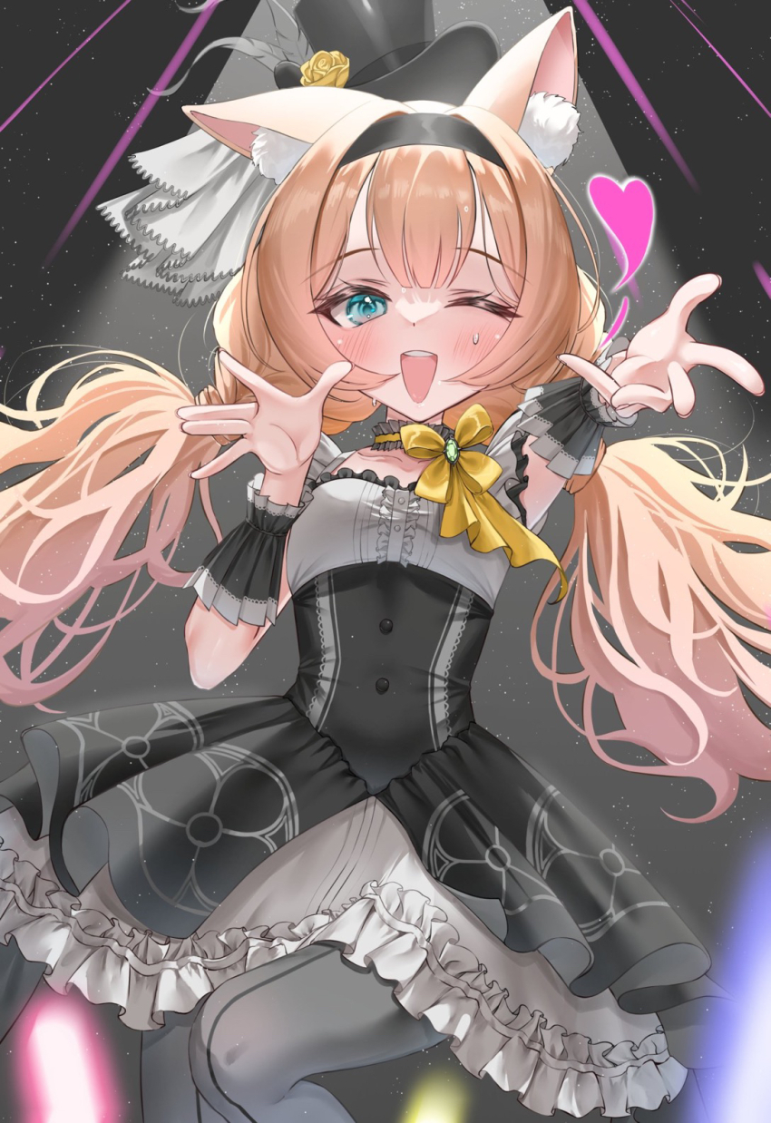 1girl ;d \||/ animal_ear_fluff animal_ears bare_shoulders black_dress black_hairband black_hat black_wrist_cuffs blowing_kiss blue_archive blue_eyes blunt_bangs blush cat_ears cat_girl center_frills choker commentary dress eyelashes feather_hair feet_out_of_frame flower frilled_choker frilled_dress frills grey_dress grey_pantyhose hairband hands_up hat hat_flower heart highres idol idol_clothes long_hair looking_at_viewer low_twintails mari_(blue_archive) mari_(idol)_(blue_archive) official_alternate_costume official_alternate_hairstyle one_eye_closed open_mouth orange_hair pantyhose rose sleeveless sleeveless_dress smile solo standing striped_clothes striped_pantyhose sweatdrop teeth top_hat twintails two-tone_dress upper_teeth_only vertical-striped_clothes vertical-striped_pantyhose wfa5051 wrist_cuffs yellow_flower yellow_rose