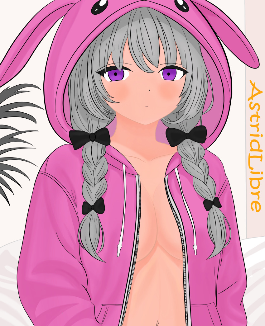 absurdres breasts grey_hair highres jacket non-web_source pink_jacket purple_eyes rabbit_girl white_background