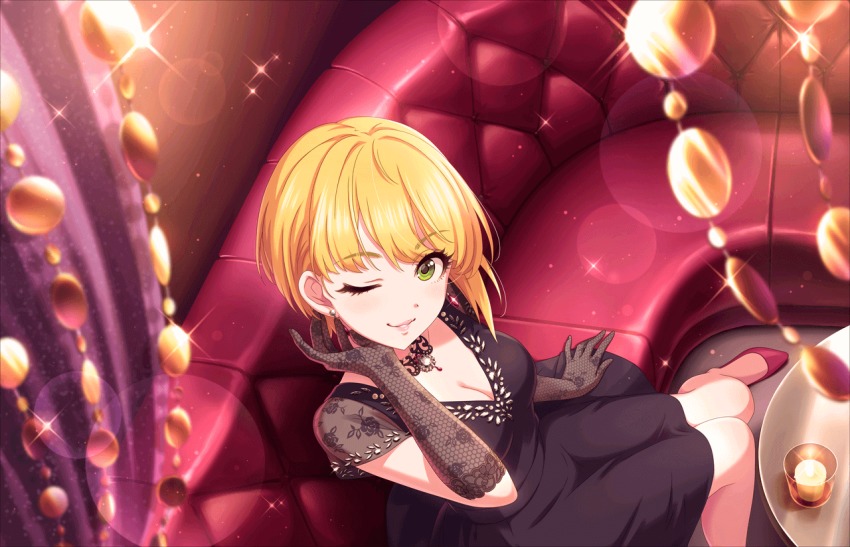 1girl artist_request black_dress blonde_hair breasts cleavage collarbone crazy_crazy_(idolmaster) dress earrings elbow_gloves eyelashes female_focus formal_clothes gloves green_eyes high_heels idolmaster idolmaster_cinderella_girls idolmaster_cinderella_girls_starlight_stage indoors jewelry lace looking_at_viewer makeup medium_breasts miyamoto_frederica necklace official_art one_eye_closed red_footwear short_hair short_sleeves sitting smile solo