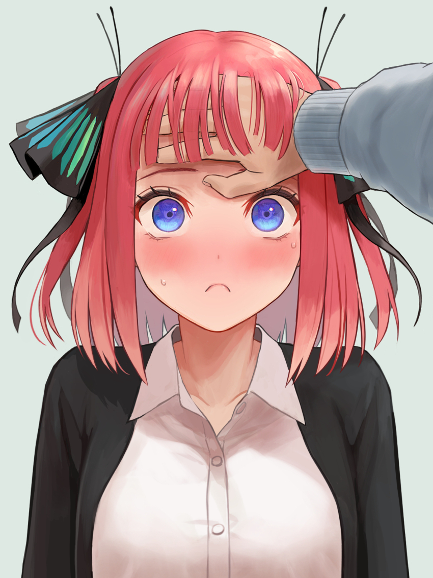 1boy 1girl :c ^^^ black_jacket black_ribbon blue_eyes blunt_bangs blush bob_cut butterfly_hair_ornament closed_mouth collarbone collared_shirt commentary_request embarrassed go-toubun_no_hanayome hair_ornament hair_ribbon hand_on_another&#039;s_head hand_on_own_neck highres ishiyuki jacket looking_at_viewer nakano_nino nose_blush open_clothes open_jacket out_of_frame pink_hair pov pov_hands ribbon school_uniform shirt short_hair sidelocks solo_focus surprised sweatdrop uesugi_fuutarou white_shirt wide-eyed