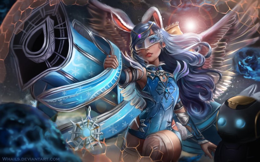 1girl angel_wings animal_ears arm_up armpits artist_name bad_id bad_twitter_id blue_hair circlet detached_sleeves deviantart dress elin female_focus gem gun highres huge_weapon leg_lift lips long_hair outstretched_arm purple_eyes rabbit_ears robot short_dress solo tera_online thighhighs vambraces visor watermark weapon web_address whails wings zettai_ryouiki