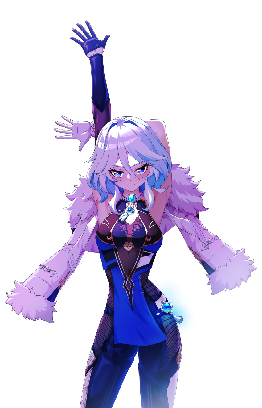 1girl absurdres armpits arms_up asymmetrical_gloves blue_dress blue_eyes blue_gloves blue_hair blue_pants breasts colored_inner_hair commentary_request cosplay cowboy_shot dress furina_(genshin_impact) genshin_impact gloves hair_between_eyes hair_intakes highres korean_commentary leggings mismatched_gloves multicolored_hair pants short_hair simple_background sleeveless sleeveless_dress small_breasts solo standing teabaek white_background white_gloves white_hair yelan_(genshin_impact) yelan_(genshin_impact)_(cosplay)