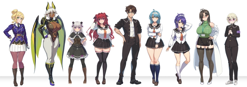 1boy 6+girls absurdres ahoge arm_under_breasts blonde_hair blue_hair breasts brown_hair celis_reinhartd dark-skinned_female dark_skin drill_hair garter_straps glasses green_eyes hair_ornament hasegawa_chisato highres holding_own_arm horns huge_breasts id_card lab_coat large_breasts medium_breasts military_uniform multiple_girls naruse_maria naruse_mio nonaka_kurumi nonaka_yuki ookuma_nekosuke ponytail purple_eyes purple_hair red_eyes red_hair scar school_uniform serafuku shinmai_maou_no_testament small_breasts socks sweater tachibana_nanao toujou_basara white_hair wings yellow_eyes zest