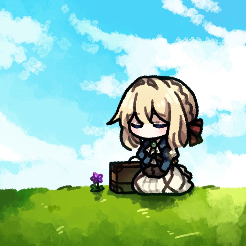 1girl ascot blonde_hair blue_jacket braid chibi closed_eyes day dress flower gem gloves green_gemstone hair_between_eyes hair_intakes hair_ribbon hashtag-only_commentary highres jacket jewelry kneeling leamun long_sleeves mechanical_hands on_grass prosthesis prosthetic_hand puffy_sleeves purple_flower red_ribbon ribbon sidelocks sky solo violet_evergarden violet_evergarden_(series) white_ascot