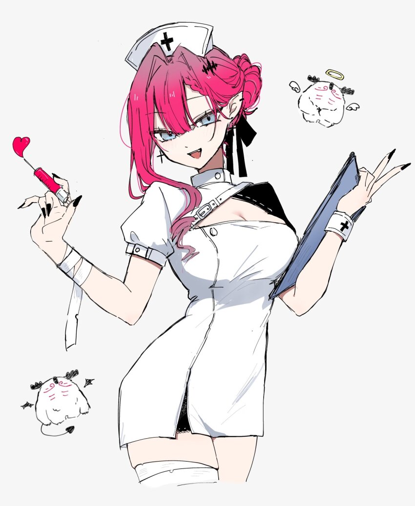 1girl baobhan_sith_(fate) breasts cernunnos_(fate) cleavage cleavage_cutout clipboard clothing_cutout cross cross_earrings dress earrings fang fate/grand_order fate_(series) hand_up hat highres holding holding_clipboard jewelry looking_at_viewer mo_(aabx315) needle nurse nurse_cap open_mouth pointy_ears short_hair single_sidelock smile solo white_background white_dress