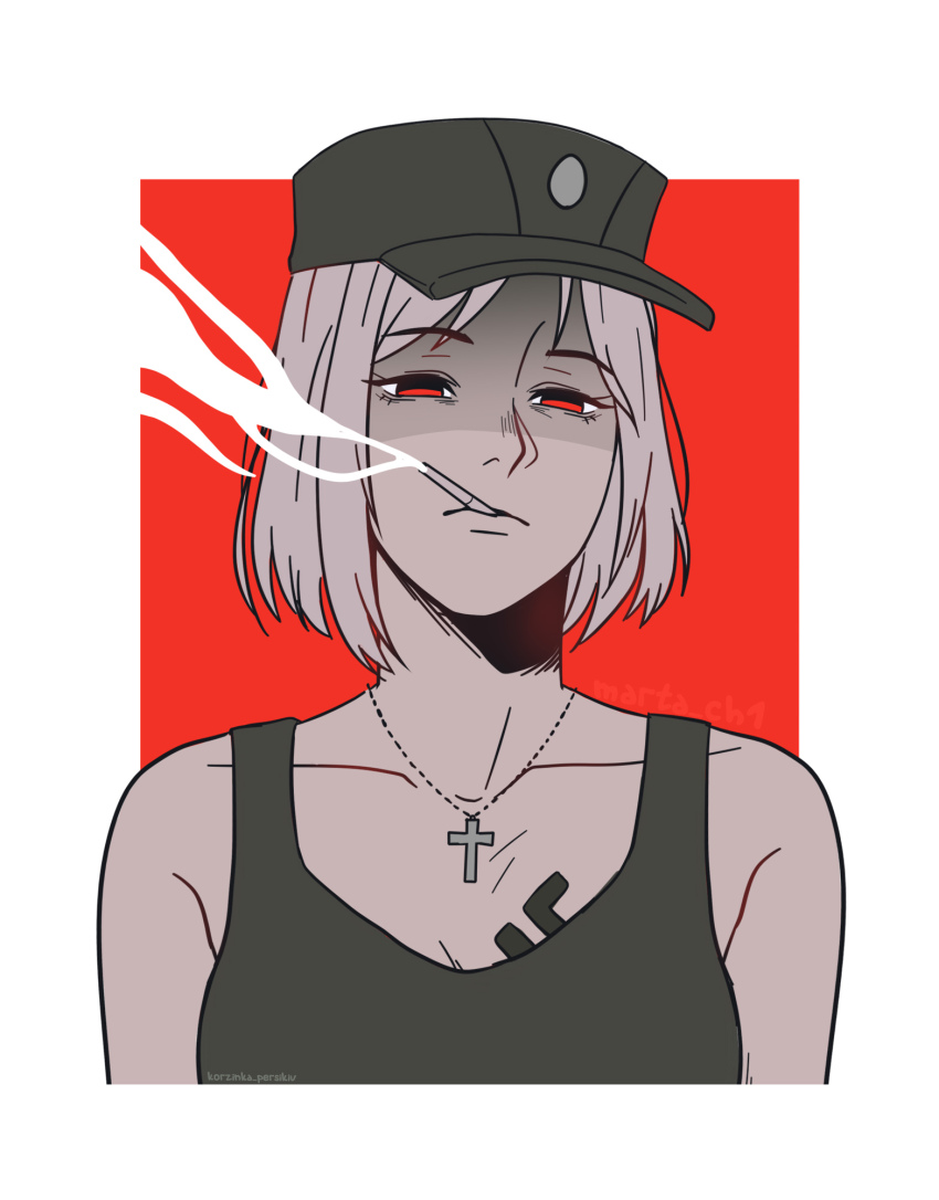 1girl baseball_cap blonde_hair borrowed_character cigarette commentary_request cropped_torso cross empty_eyes green_hat green_tank_top hat highres jewelry korzynka_persykiv latin_cross looking_at_viewer marichka necklace original portrait red_background red_eyes revision short_hair signature smoke smoking solo swastika tank_top tattoo two-tone_background ukrainian_commentary white_background